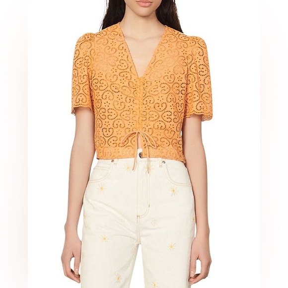 Sandro Livio Tie Front Drawstring V Neck Slim Fit Blouse Orange Size 2-4 US - Picture 1 of 12